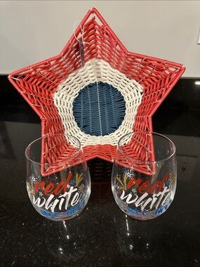 Pier 1 Red, White & Blue Woven Fruit Basket and   Stemless Wine Glasses.